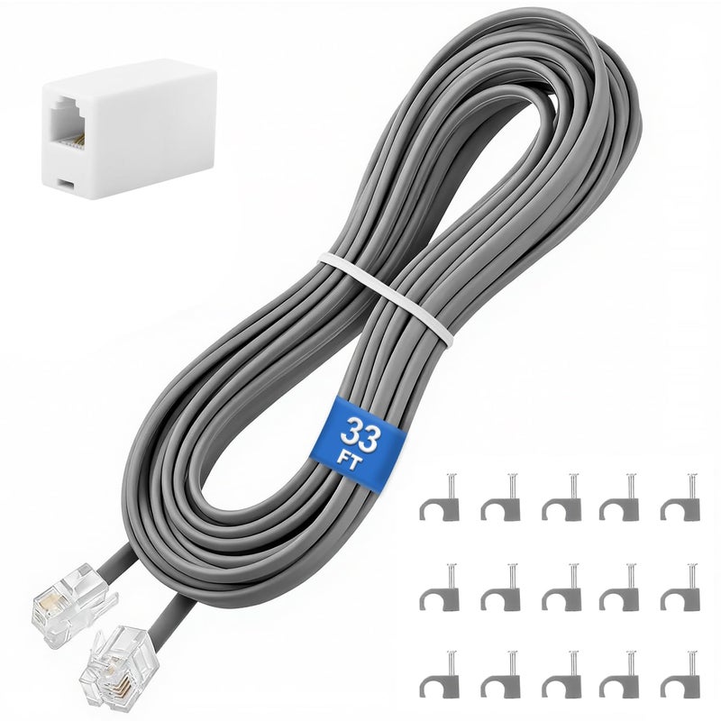 Uvital Phone Extension Cord 33 FT, Telephone Extension Cable Wire Cord with RJ11 Plug and 1 in-line Coupler and 25pcs Cable Clip Holders, Grey - Image 1